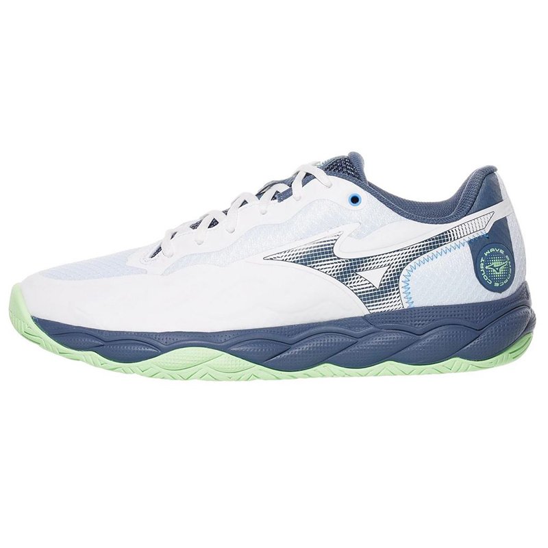 Mizuno Wave Enforce Court AC White/Vintage indigo/Neo mint — теннисные кроссовки, фото товара